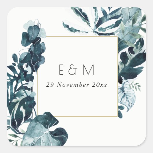 Tropisch Monstera Blue Foliage Monogram Weddenscha Vierkante Sticker (Voorkant)