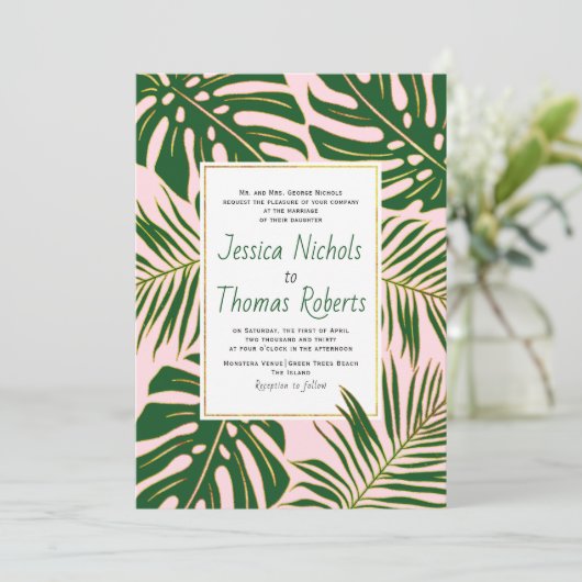 Tropisch monstera en palmbladeren roze bruiloft kaart (Staand voorkant)