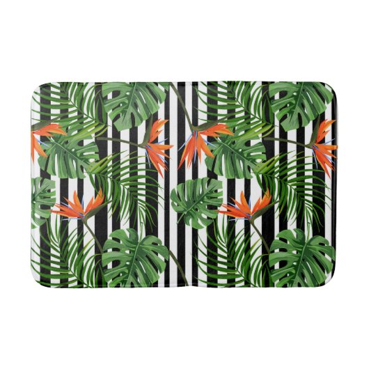 Tropisch Monstera Gestreept Botanisch Patroon Badmat (Voorkant)