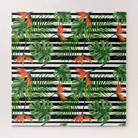 Tropisch Monstera Gestreept Botanisch Patroon Legpuzzel (Horizontaal)