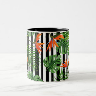 Tropisch Monstera Gestreept Botanisch Patroon Tweekleurige Koffiemok