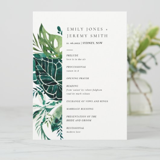 Tropisch Monstera Green Leafy Foliage Weddenschap Programmakaart (Staand voorkant)