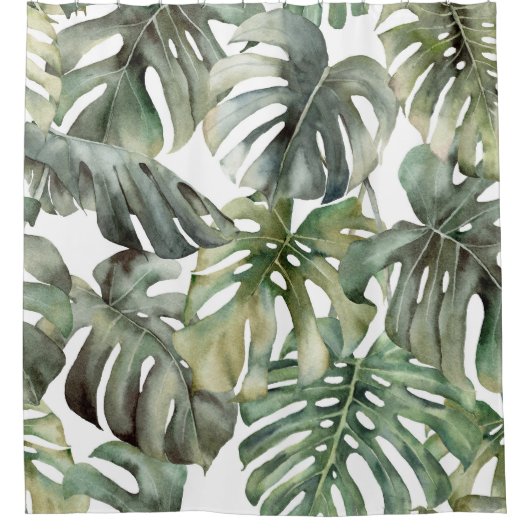 Tropisch Monstera groot Waterverf patroon Douchegordijn (Voorkant)