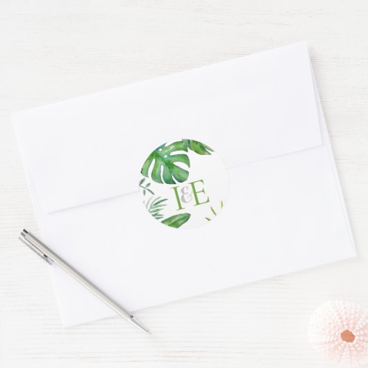 Tropisch Monstera laat groene Waterverf achter Ronde Sticker (Envelop)