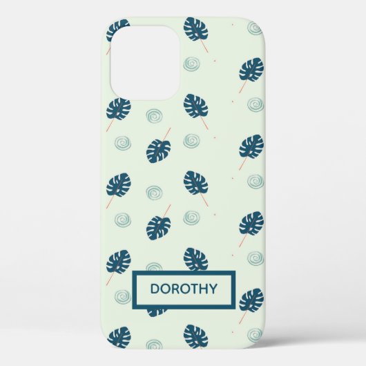 Tropisch monstera laat monogram op blauw Case-Mate iPhone case (Achterkant)