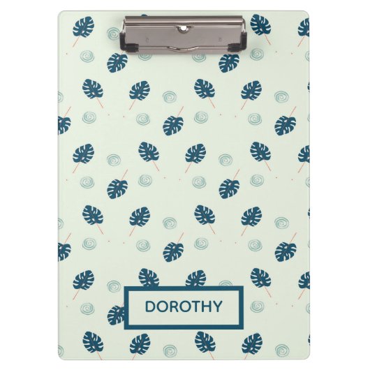 Tropisch monstera laat monogram op blauw klembord (Voorkant)