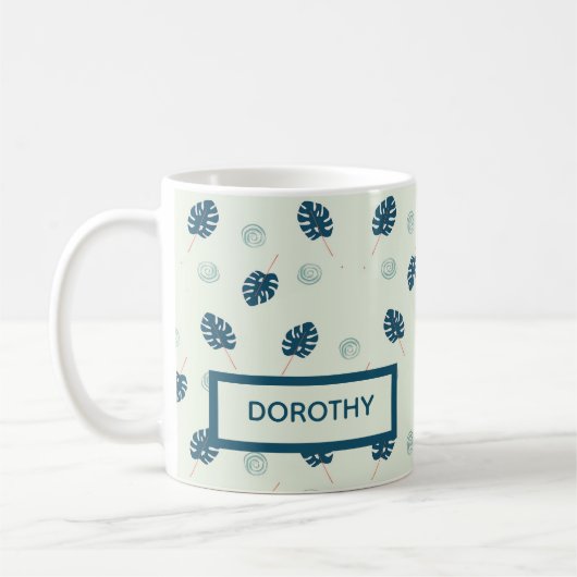 Tropisch monstera laat monogram op blauw koffiemok (Links)