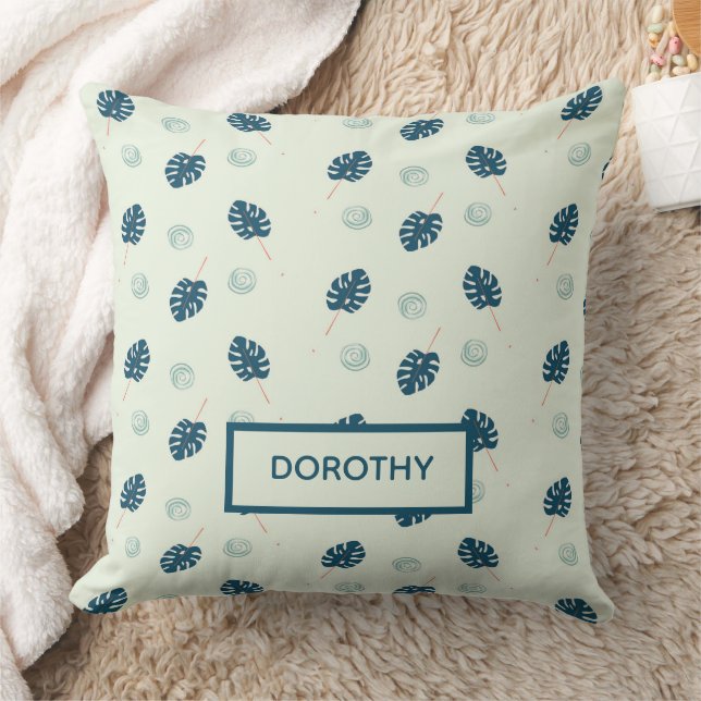 Tropisch monstera laat monogram op blauw kussen (Deken)