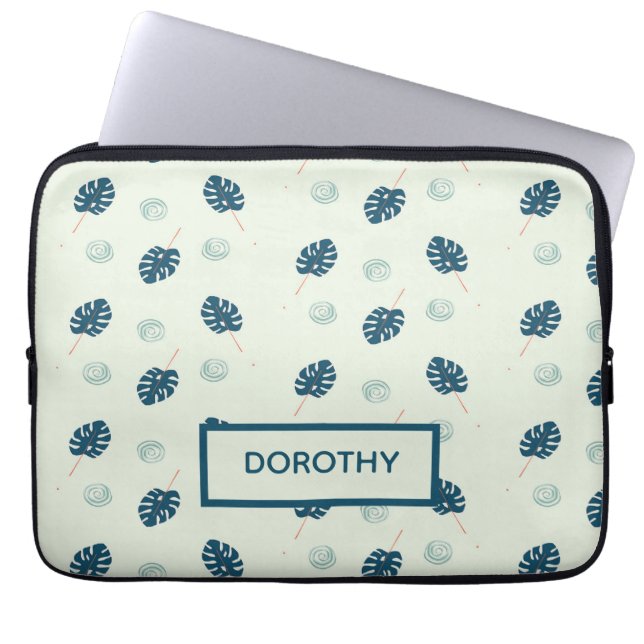 Tropisch monstera laat monogram op blauw laptop sleeve (Voorkant)