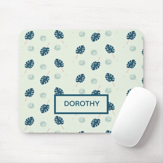 Tropisch monstera laat monogram op blauw muismat (Met muis)