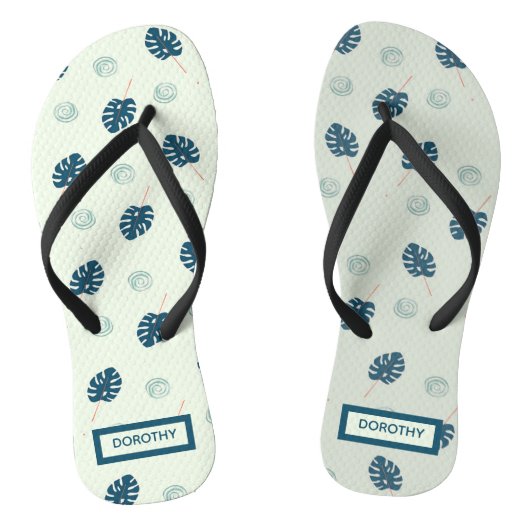 Tropisch monstera laat monogram op blauw teenslippers (Voetbed)