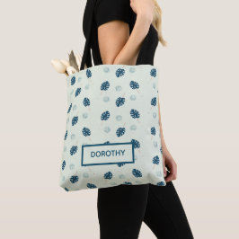 Tropisch monstera laat monogram op blauw tote bag