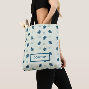 Tropisch monstera laat monogram op blauw tote bag