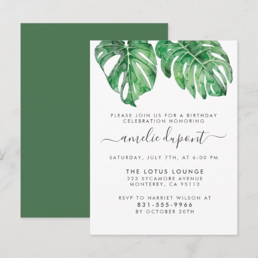 Tropisch Monstera laat stijlvol script voorbijgaan Uitnodiging Briefkaart (Voorkant / Achterkant)