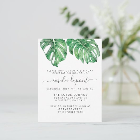 Tropisch Monstera laat stijlvol script voorbijgaan Uitnodiging Briefkaart (Staand voorkant)