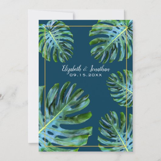 Tropisch Monstera Leaf Dark Blue Gold Weddenschap Kaart (Achterkant)