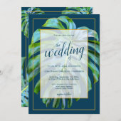 Tropisch Monstera Leaf Dark Blue Gold Weddenschap Kaart (Voorkant / Achterkant)