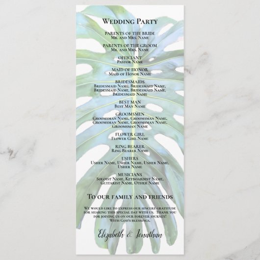 Tropisch Monstera Leaf Greenery Beach Wedding Programmakaart (Achterkant)