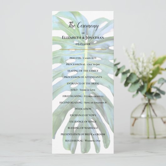 Tropisch Monstera Leaf Greenery Beach Wedding Programmakaart (Staand voorkant)
