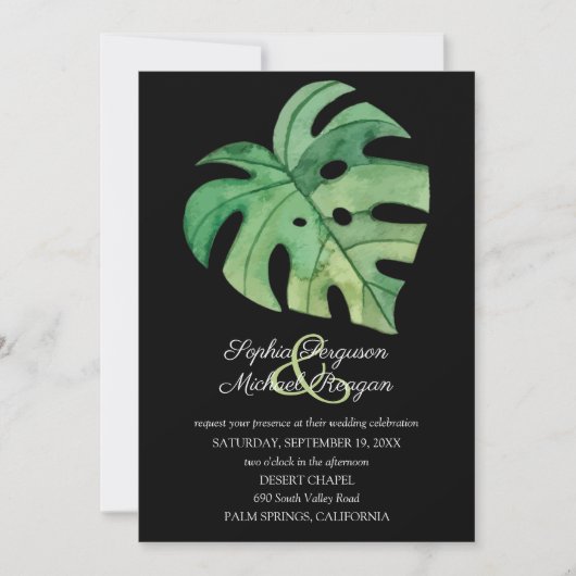 Tropisch Monstera Leaf op Black Wedding Invites (Voorkant)