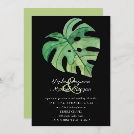 Tropisch Monstera Leaf op Black Wedding Invites (Voorkant / Achterkant)