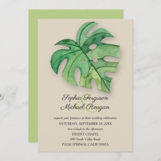 Tropisch Monstera Leaf op Tan Wedding Invites (Voorkant / Achterkant)