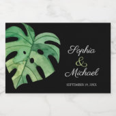 Tropisch Monstera Leaf op Zwarte Bruiloft MINI Sparkling Wijnetiket (Enkel label)