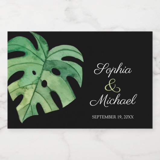 Tropisch Monstera Leaf op Zwarte Bruiloft MINI Sparkling Wijnetiket (Enkel label)