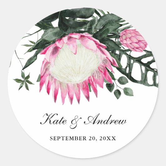 Tropisch Monstera Leaf | Protea Floral Wedding Ronde Sticker (Voorkant)