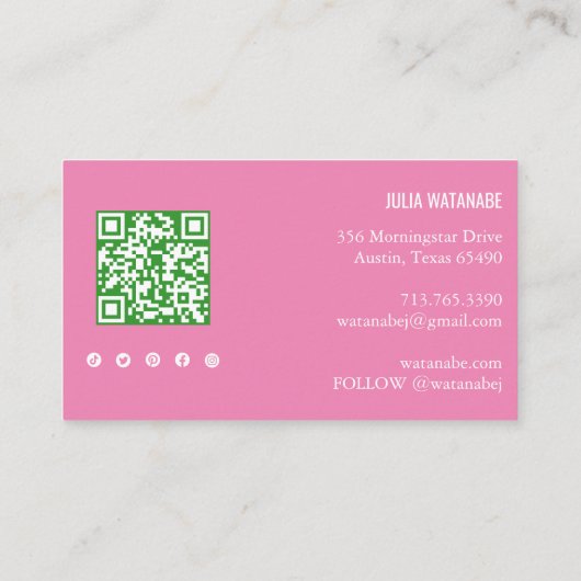 Tropisch Monstera Leaf QR Code Social Media Roze Visitekaartje (Achterkant)