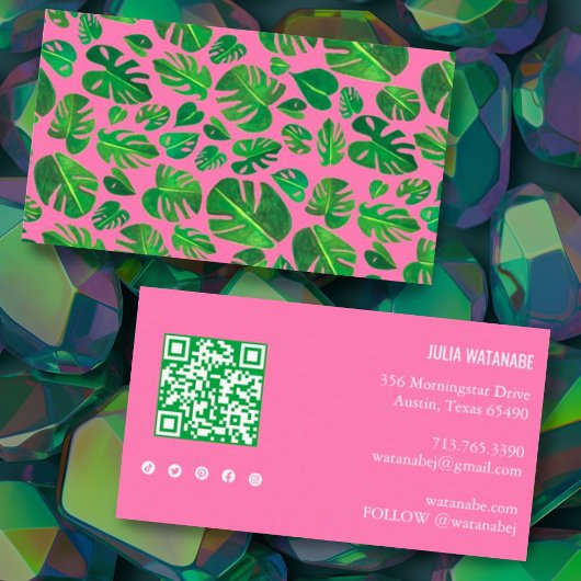Tropisch Monstera Leaf QR Code Social Media Roze Visitekaartje