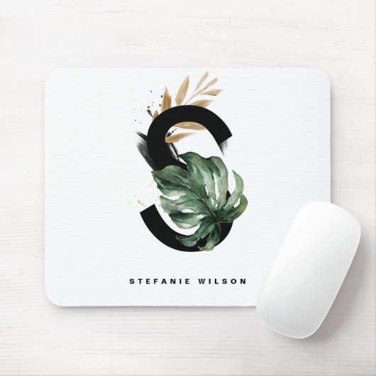 Tropisch Monstera Letter S Monogram op maat Muismat (Met muis)