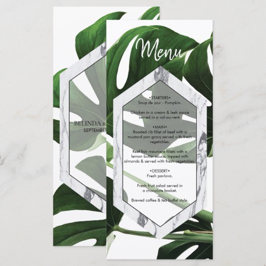 Tropisch Monstera Marble Wedding Menu (Voorkant / Achterkant)