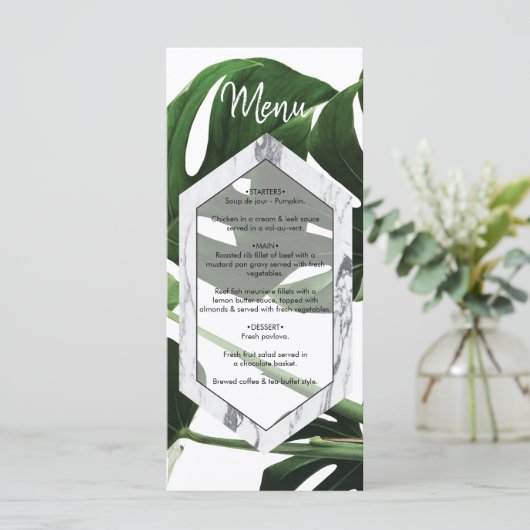 Tropisch Monstera Marble Wedding Menu (Staand voorkant)