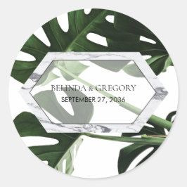 Tropisch Monstera Marble Wedding Ronde Sticker