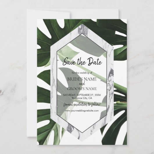 Tropisch Monstera Marble Wedding Save The Date (Voorkant)