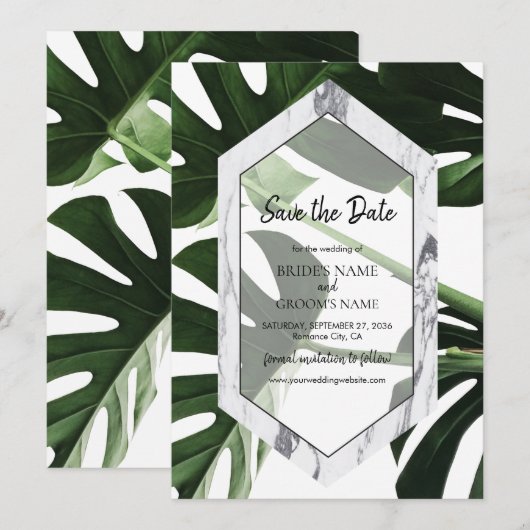 Tropisch Monstera Marble Wedding Save The Date (Voorkant / Achterkant)