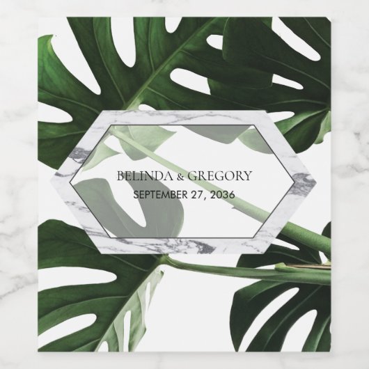 Tropisch Monstera Marble Wedding Wijn Etiket (Enkel label)