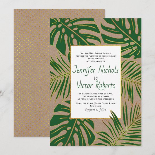 Tropisch monstera, palmblad kraft paper bruiloft kaart (Voorkant / Achterkant)