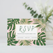 Tropisch monstera, palmbladeren roze bruiloft RSVP (Staand voorkant)