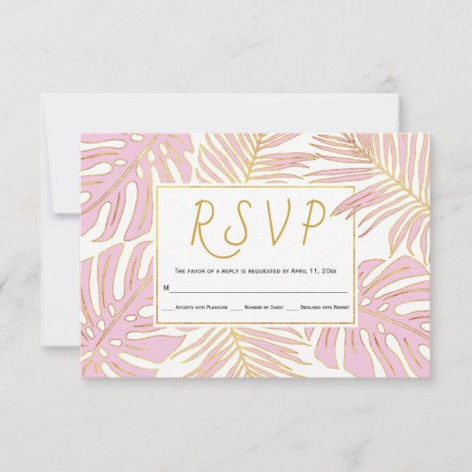 Tropisch monstera, palmbladeren roze bruiloft RSVP (Voorkant)