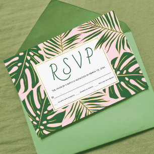 Tropisch monstera, palmbladeren roze bruiloft RSVP Kaartje