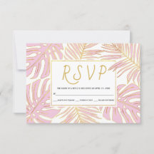Tropisch monstera, palmbladeren roze bruiloft RSVP