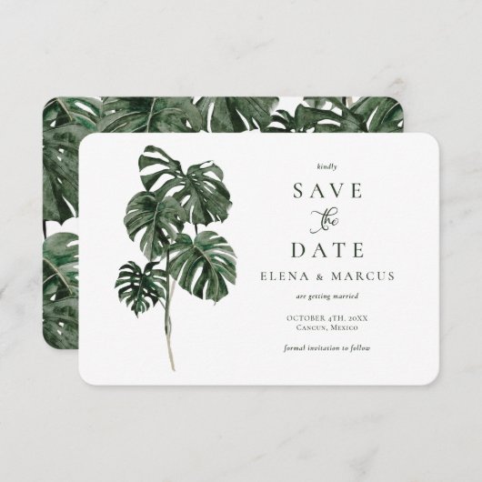 Tropisch Monstera slaat de datum op Save The Date (Voorkant / Achterkant)