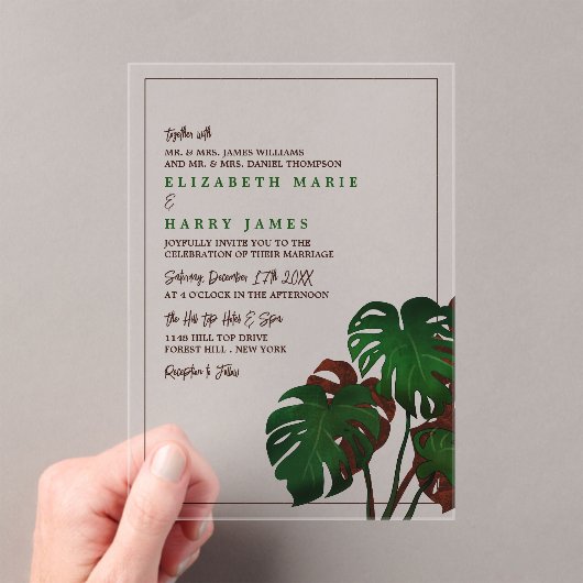 Tropisch Monstera Strand Bruiloft Acryl Uitnodigingen (Insitu (Draagbaar))