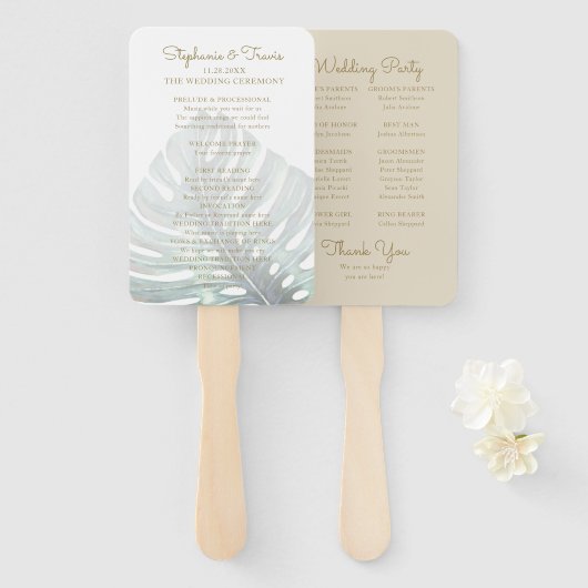 Tropisch Monstera Tan Wedding Program Hand Fan Handwaaier (Voorkant en achterkant)
