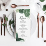 Tropisch Monstera Wedding Menu of Vrijgezellenfees Kaart<br><div class="desc">Geef uw heerlijke menu weer op deze mooie kaarten - het perfecte formaat om op elk bord te plaatsen! Dit ontwerp bevat een prachtig scriptlettertype en een mooie tropische groenery. Eenvoudig de levensmiddelen bewerken!</div>