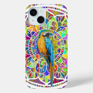 Tropisch Mozaïek – Blauwe en Gouden Ara Mandala iPhone 15 Case