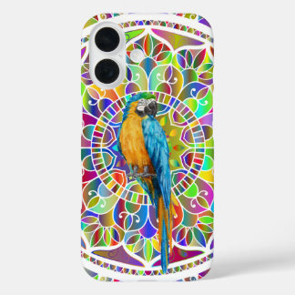 Tropisch Mozaïek – Blauwe en Gouden Ara Mandala iPhone 16 Hoesje