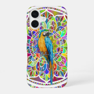 Tropisch Mozaïek – Blauwe en Gouden Ara Mandala iPhone 16 Hoesje